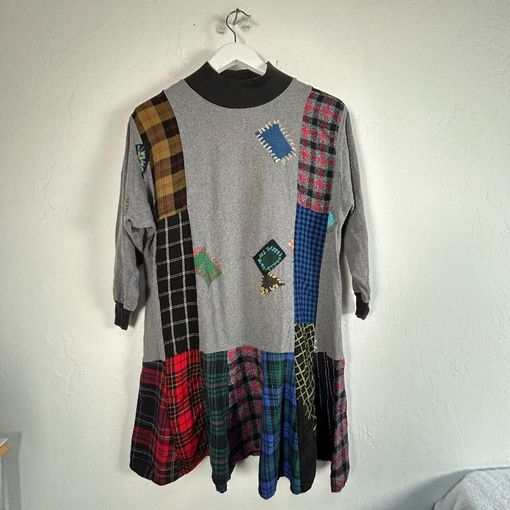 Vintage Staley Gretzinger Patchwork Mini Sweater Dress Mock Neck Gray Multicolor